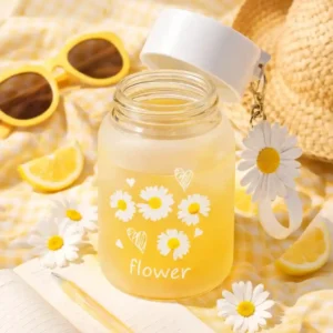 350ml Daisy Frosted Glass Water Bottle with Lid