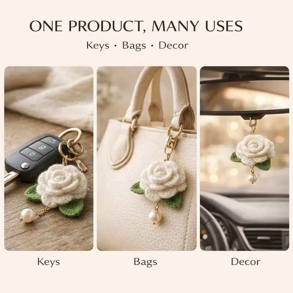 Handmade Crochet Camellia Flower Keychain Gift